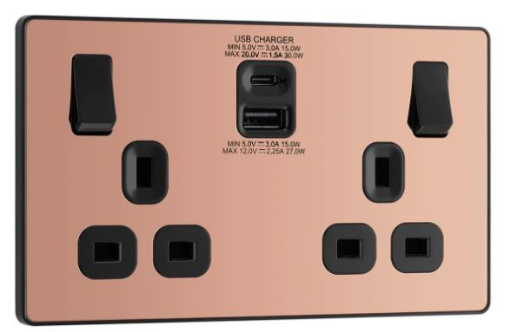Picture of BG Evolve 13A 2 Gang Switched Socket With USB A+C (30W) Polished Copper